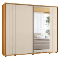 Guarda-Roupa Casal Dalí 2 Portas Deslizantes 100 % MDF Ripado com 4 Espelhos – Cinamomo/Off White