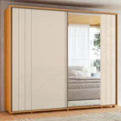 Guarda-Roupa Casal Dalí 2 Portas Deslizantes 100 % MDF Ripado com 4 Espelhos – Cinamomo/Off White